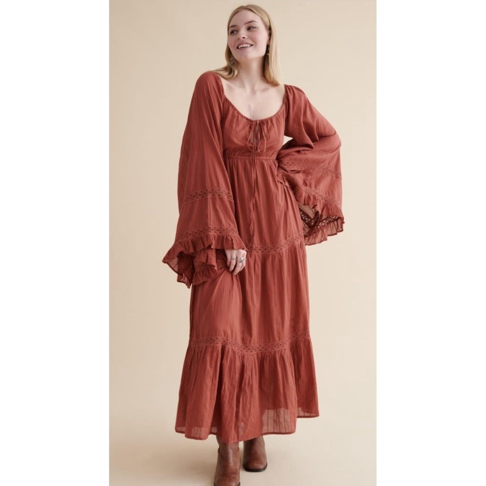 Earthbound Trading Co Boho Maxi Dress Tassel Tie Peasant Sleeve Tiered Skirt -S